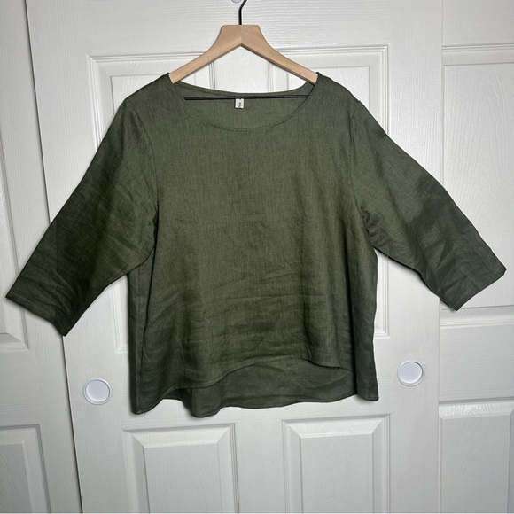 Amazhiyu Womens XL 100% Linen Forest Green Top Kimono 3/4 Sleeve Coastal Chic - Picture 2 of 13